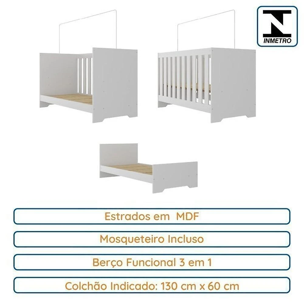 Quarto Infantil com Guarda-roupa 2 Portas 2 Gavetas com Cômoda e Berço Magia Espresso Móveis Branco/Verde