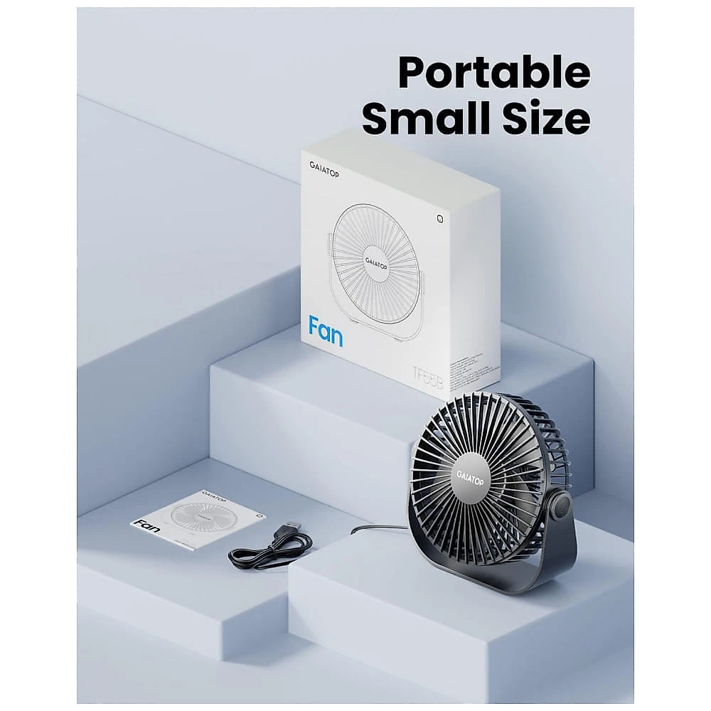 Ventilador de Mesa USB Gaiatop Preto 14 cm, 3 Velocidades até 4,8 m/s 2500 RPM, Rotação 90°, Silencioso 40 dB, 5 Lâminas, Modelo TF55B