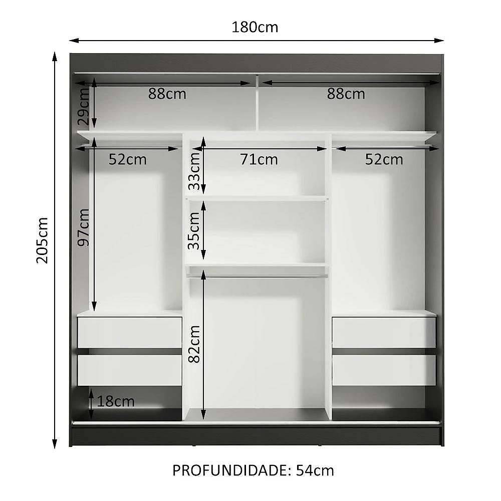 Guarda-roupa casal madesa reno 3 portas de correr com espelhos - preto/cinza