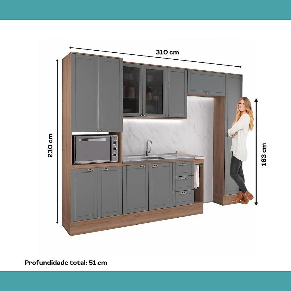 Cozinha Milla One 12 Portas 3 Gavetas MDF-MDP 310CM Nogal Móveis Carraro