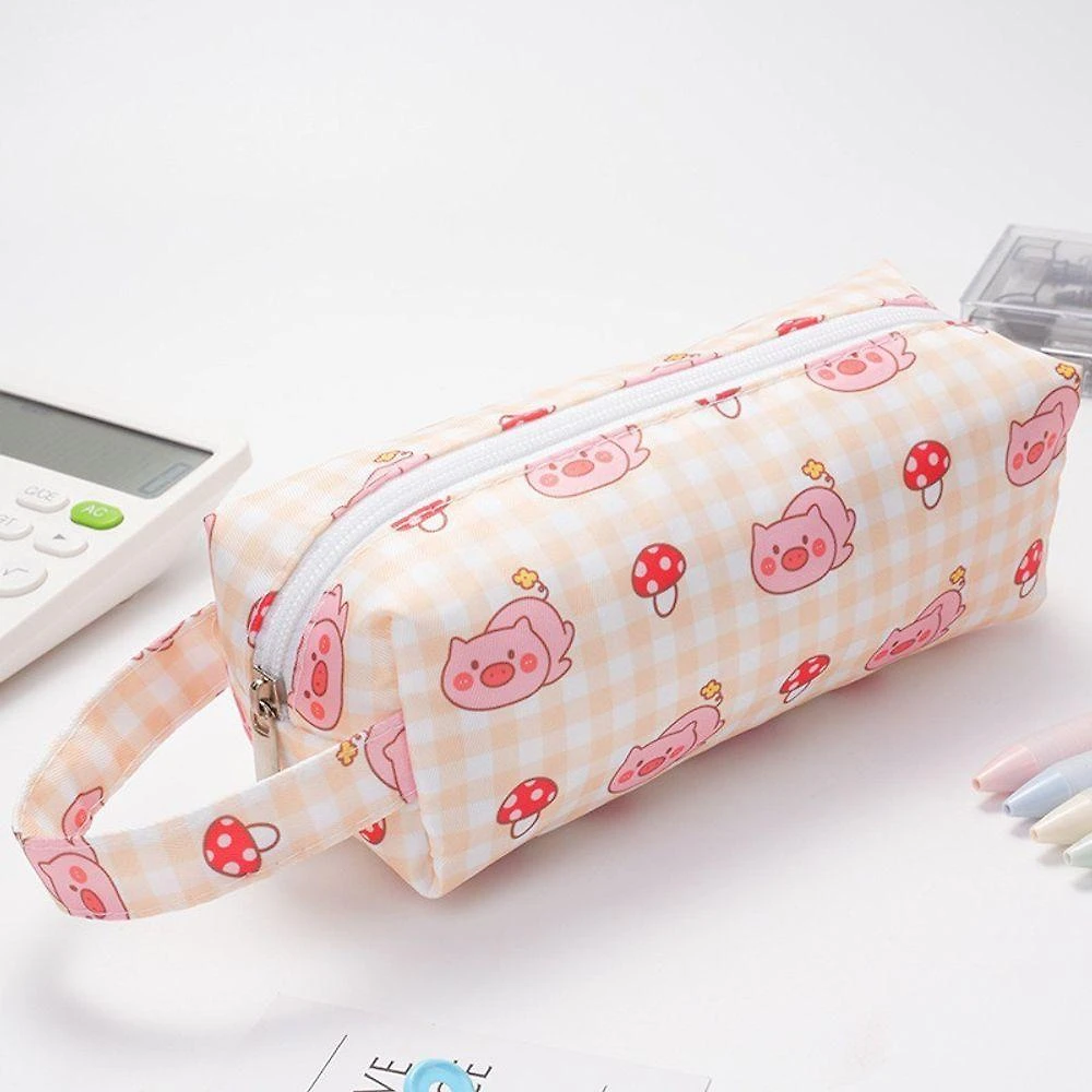 Estojo de Lápis Portátil de Lona de Camada Dupla OEM Cor:porco com Alça de Apoio Rosa