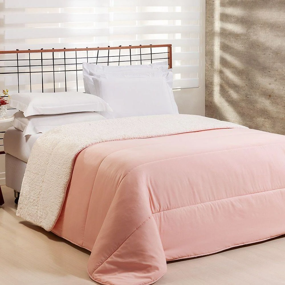 Coberdrom 1 Peça Solteiro Percal 200 Fios Com Sherpa Flupy 100% Poliéster - Rosa