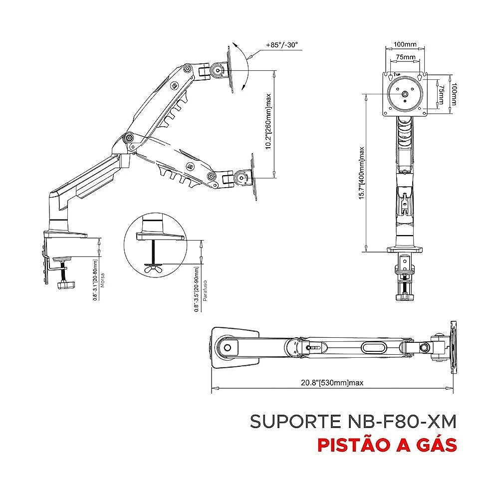 Suporte de Mesa Articulado para Monitor de 17" a 30" North Bayou, Ajustes com Pistão a Gás, Azul - F80-XM NB