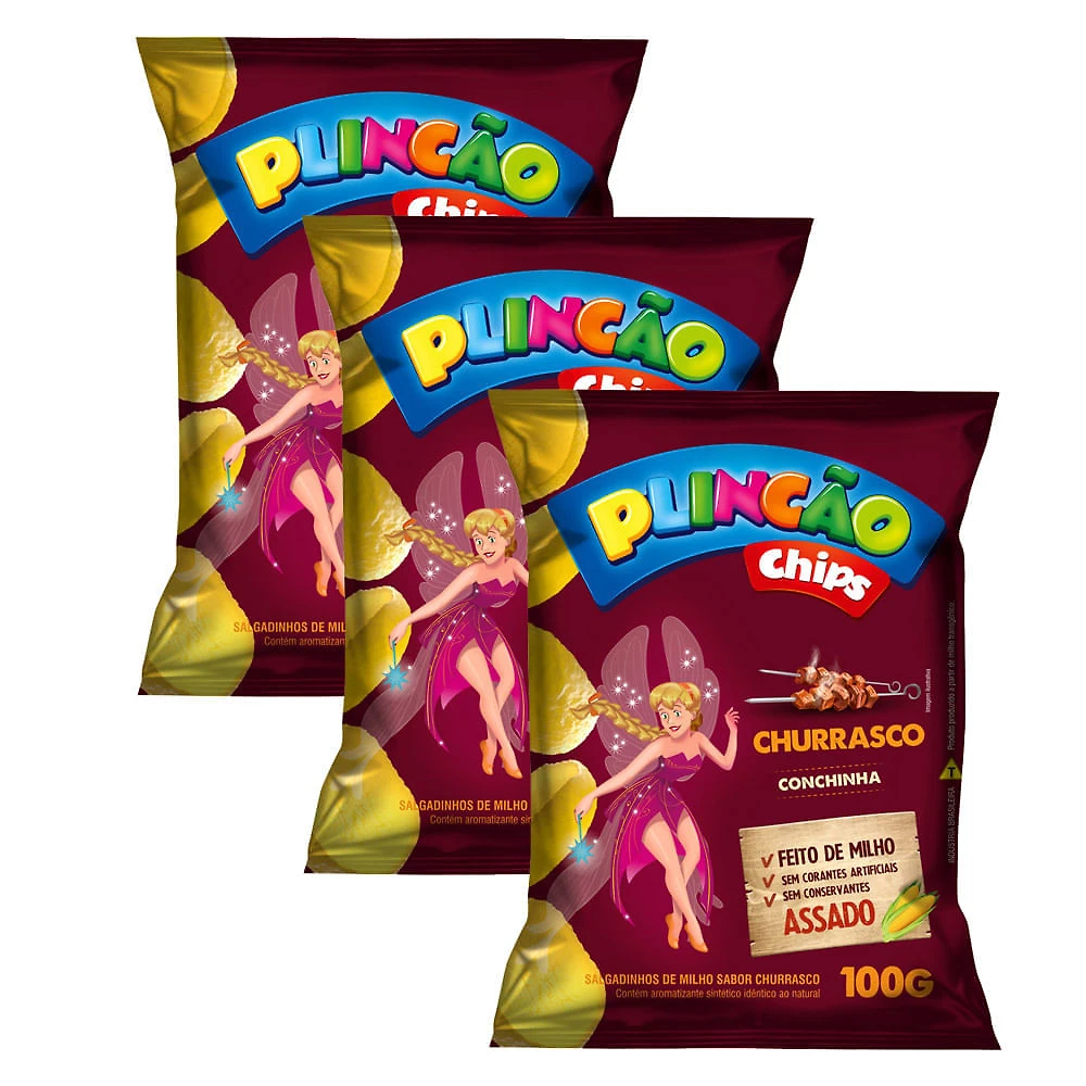 Kit 3 Salgadinho de Milho Plincão Chips Sabor Churrasco Conchinha 100g