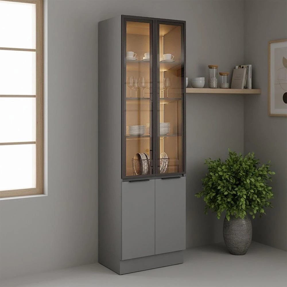 Paneleiro de Cozinha 70cm com Iluminação e com Rodapé 2 Portas com Vidro Lumina Cinza