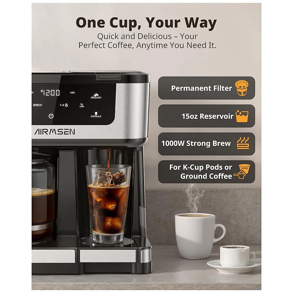 Cafeteira Elétrica AIRMSEN Preta 1,8L 12 Xícaras Dupla Função Cápsulas e Pó Touchscreen 1000W 110V