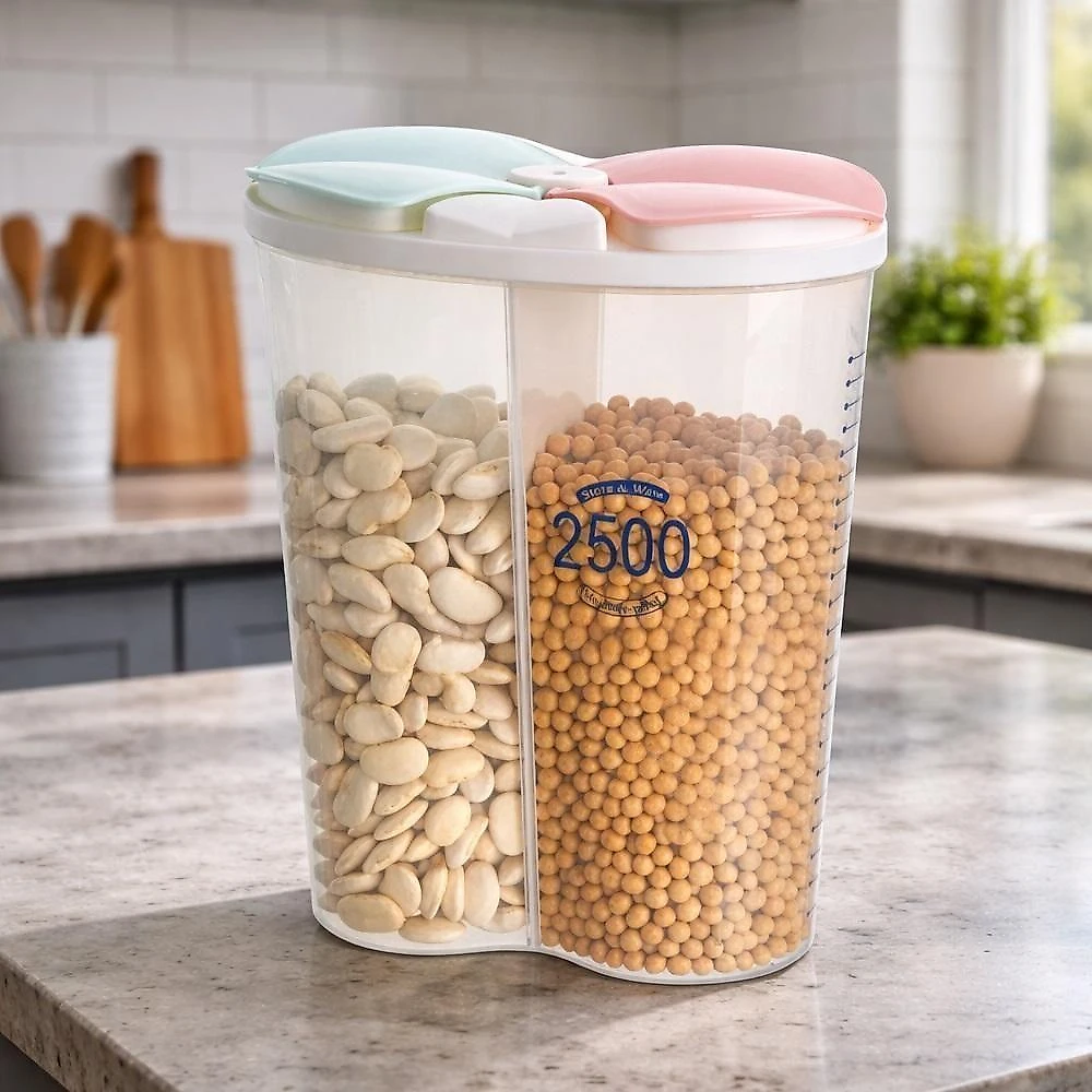 Pote Organizador Duplo Porta Mantimentos Plástico Transparente Multiuso com Divisória 2,5L