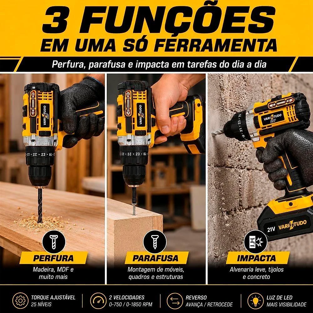 Furadeira e Parafusadeira de Impacto sem Fio 21V com LED 2 Baterias 32 Acessórios 550W Bivolt