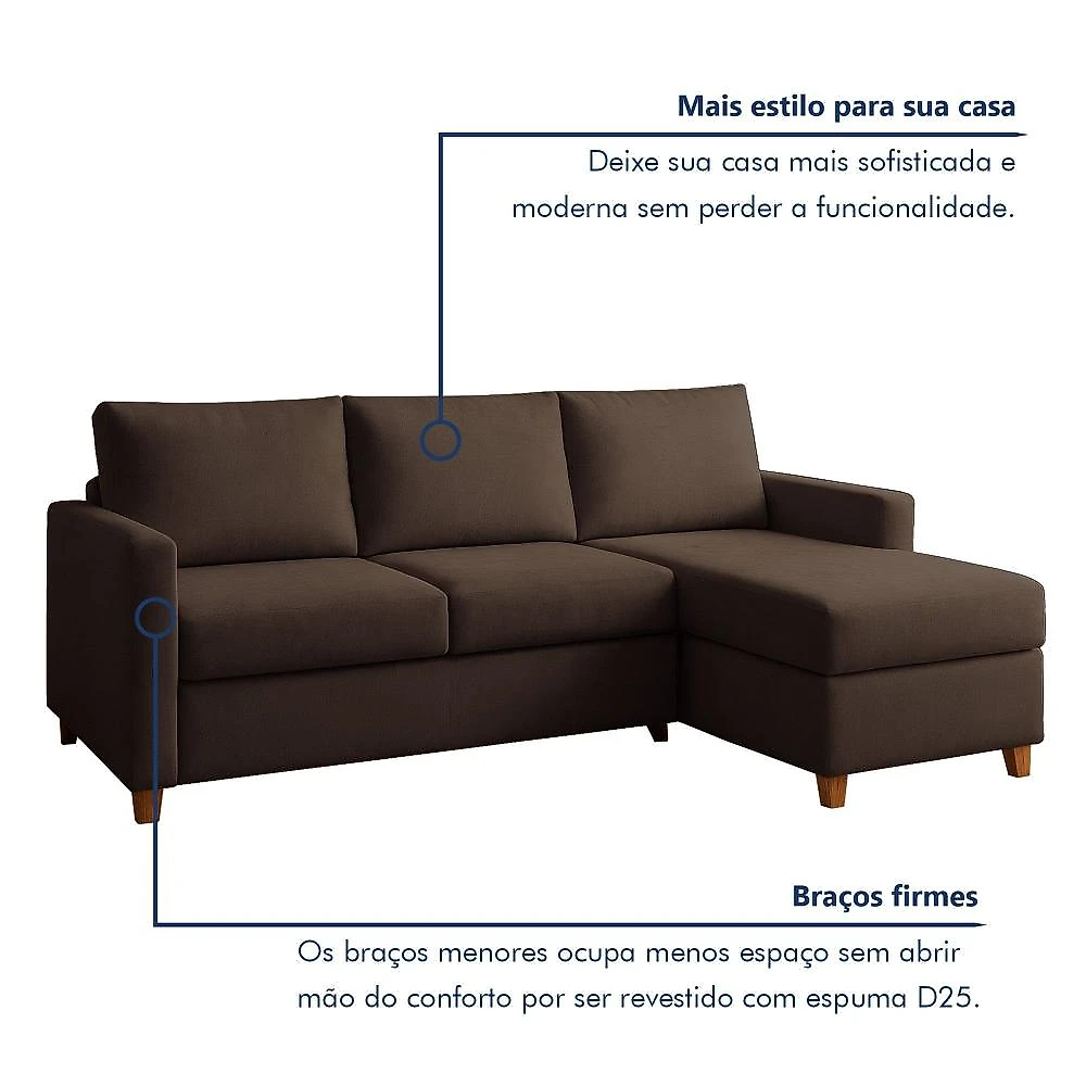 Sofá 3 Lugares com Chaise Moov Yescasa Marrom