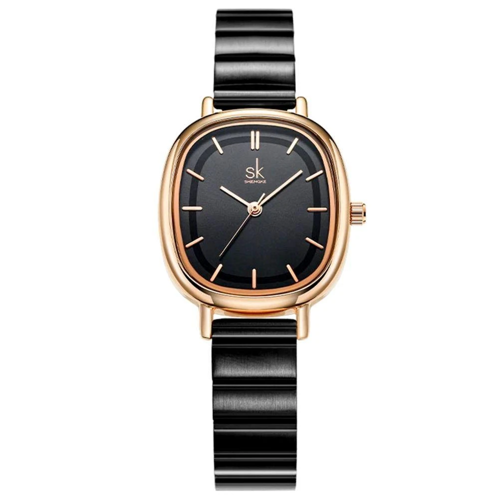 Relógio de Pulso Feminino Novo Design Analógico Aço Inox Preto Shengke