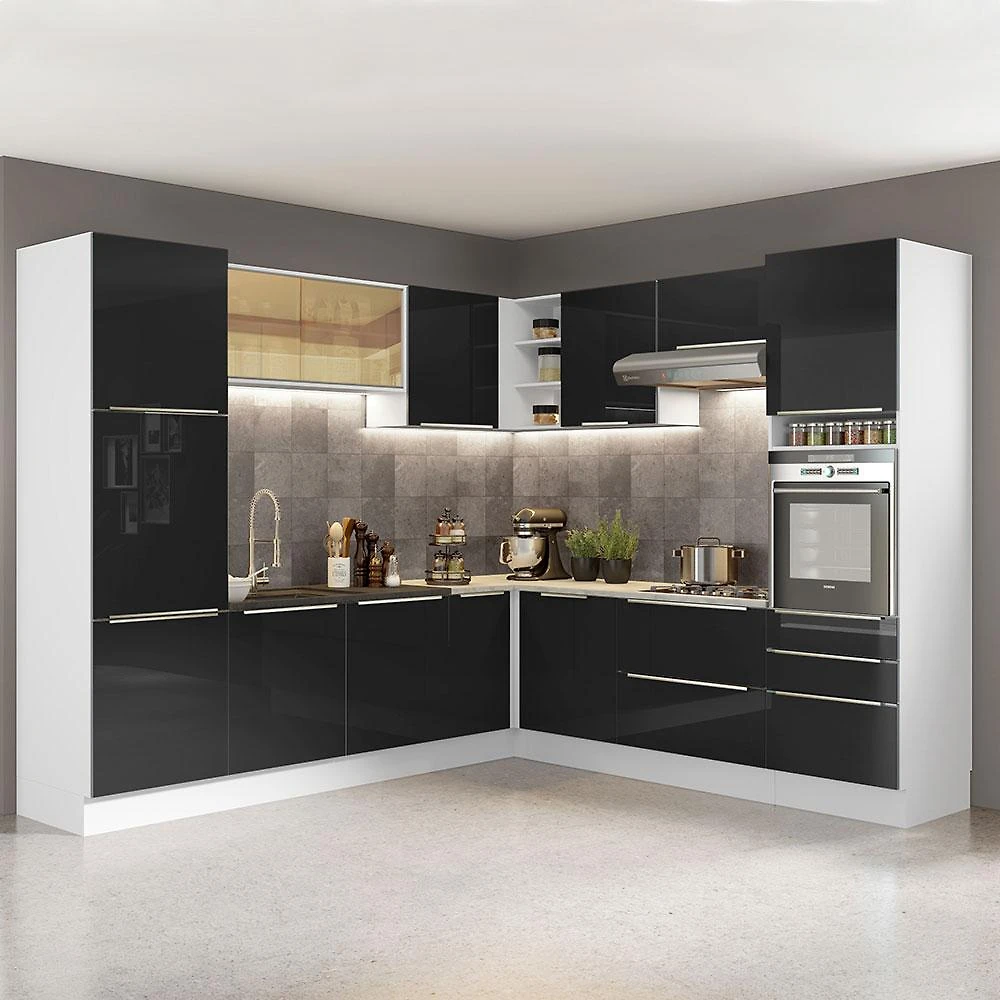 Cozinha Completa de Canto Madesa Lux com Armário e Balcão - Branco/Preto