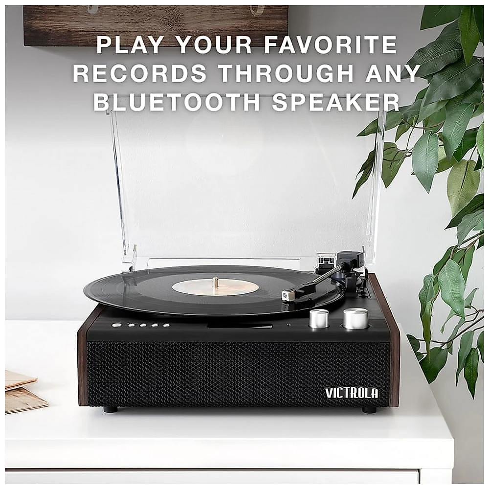 Toca Discos de Vinil Bluetooth de 3 Velocidades, com Alto-Falantes Integrados e Tampa Antipoeira, Victrola, Marrom e... 110v