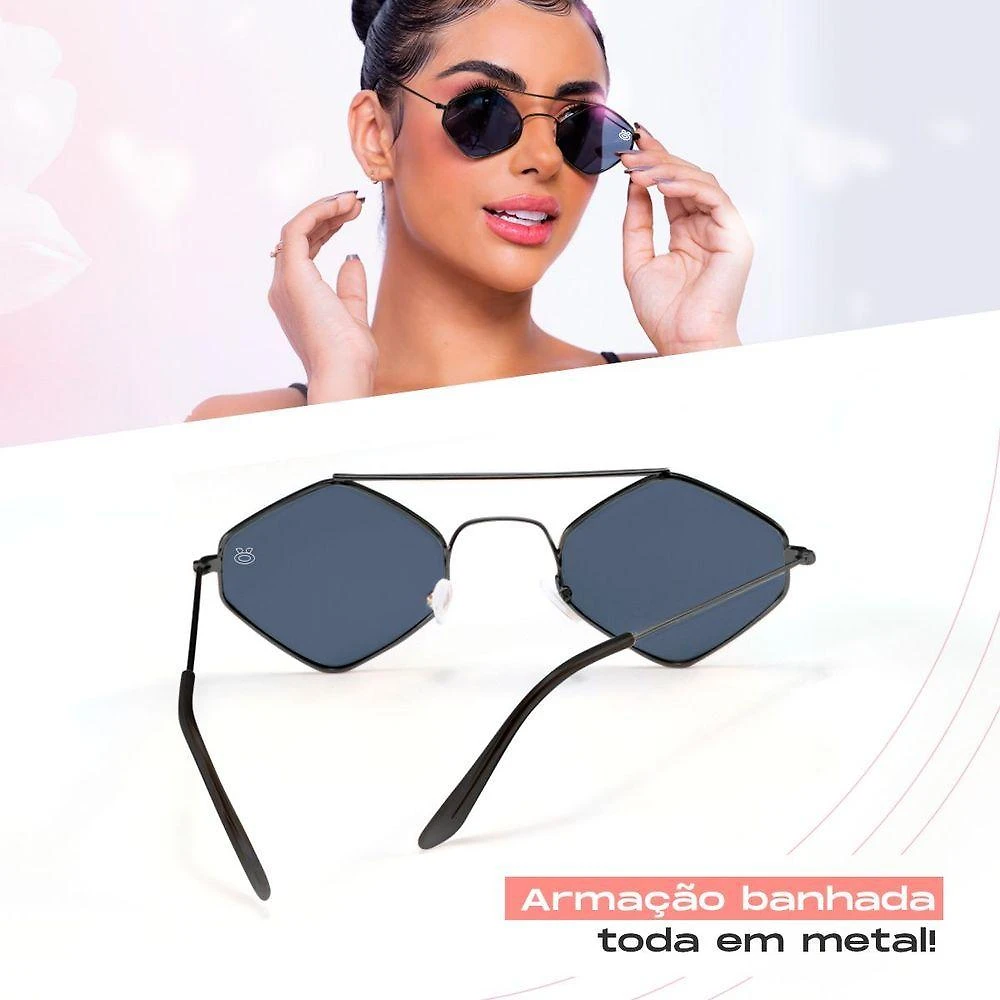 Miniatura Oculos Sol Feminino Losango Aço Metal Proteção Uv Case Maria