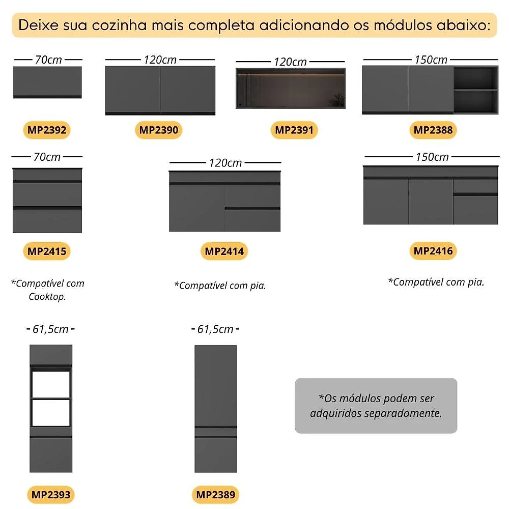 Armário de Cozinha Modulada Completa com Pia Suspensa 251,5cm Milano Multimóveis MCR2463 Grafite