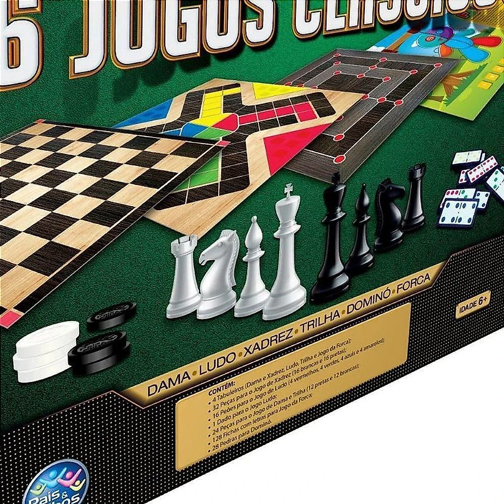 Jogo de Tabuleiro 6 Jogos Clássicos com Xadrez Dama Ludo e Dominó Pais & Filhos