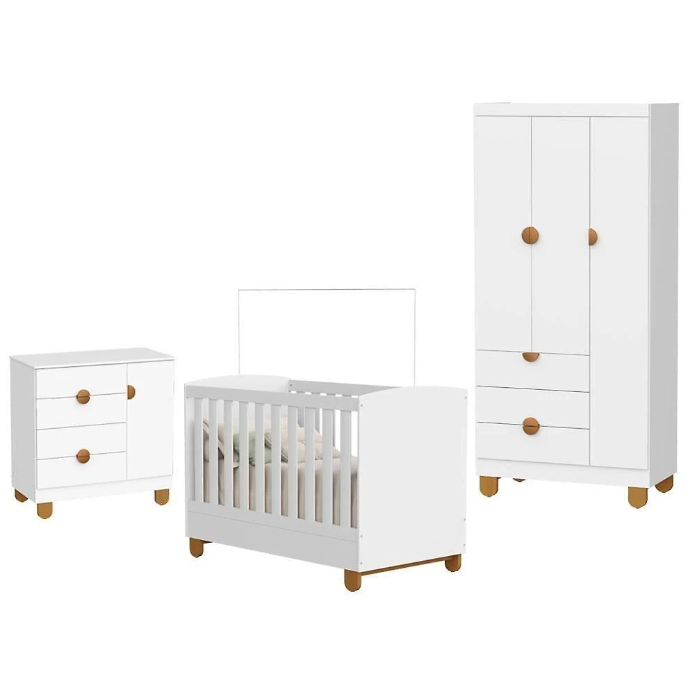 Quarto de Bebê Completo Apolo MDF 90CM Branco Fosco Berço Americano Cômoda Sapateira Guarda Roupa