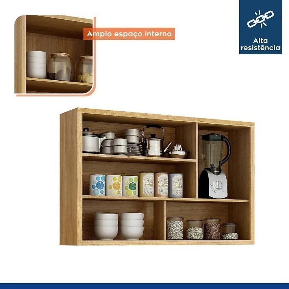 Conjunto de Cozinha Balcão 3 Portas 2 Gavetas e Armário Aéreo 120cm 3 Portas Ripado Torino Cinamomo/Off White