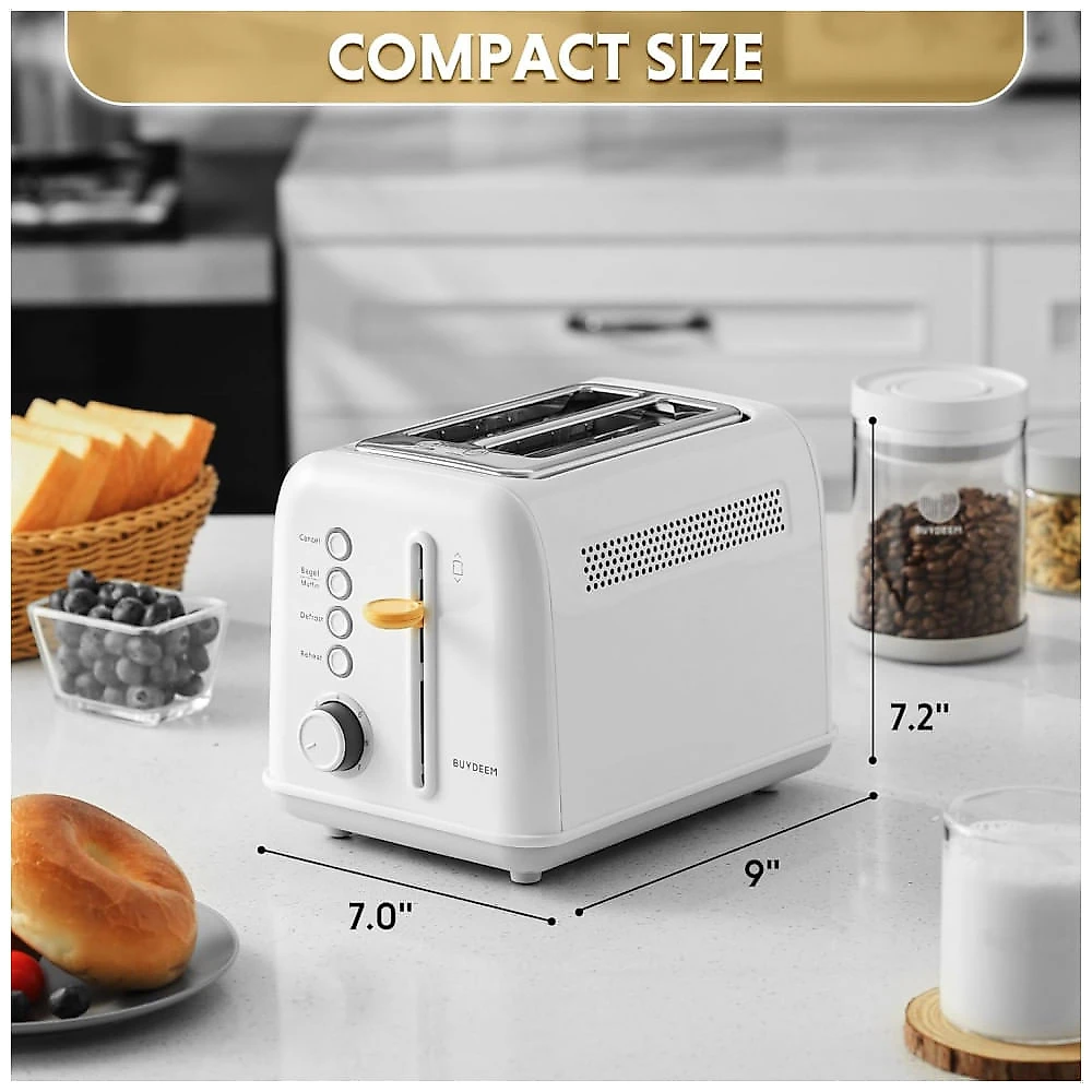 Torradeira 2 Fatias BUYDEEM DT620 Inox Branco Ártico Retro, 7 Níveis, Slots Largos, Função Bagel/Muffin, Bandeja Migalhas, 900W, 110V