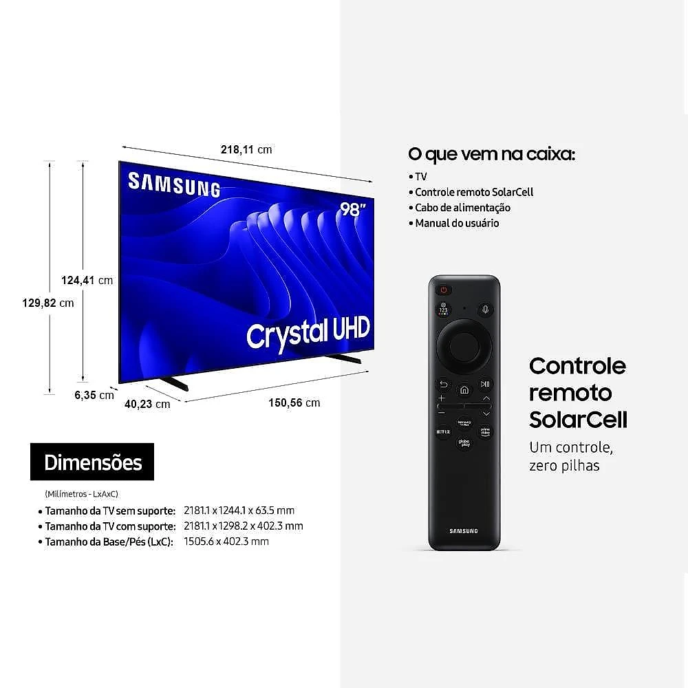 Smart tv 98" samsung crystal uhd 4k un98du9000 com wi-fi integrado, bluetooth, gaming hub, alexa e som em movimento virtual