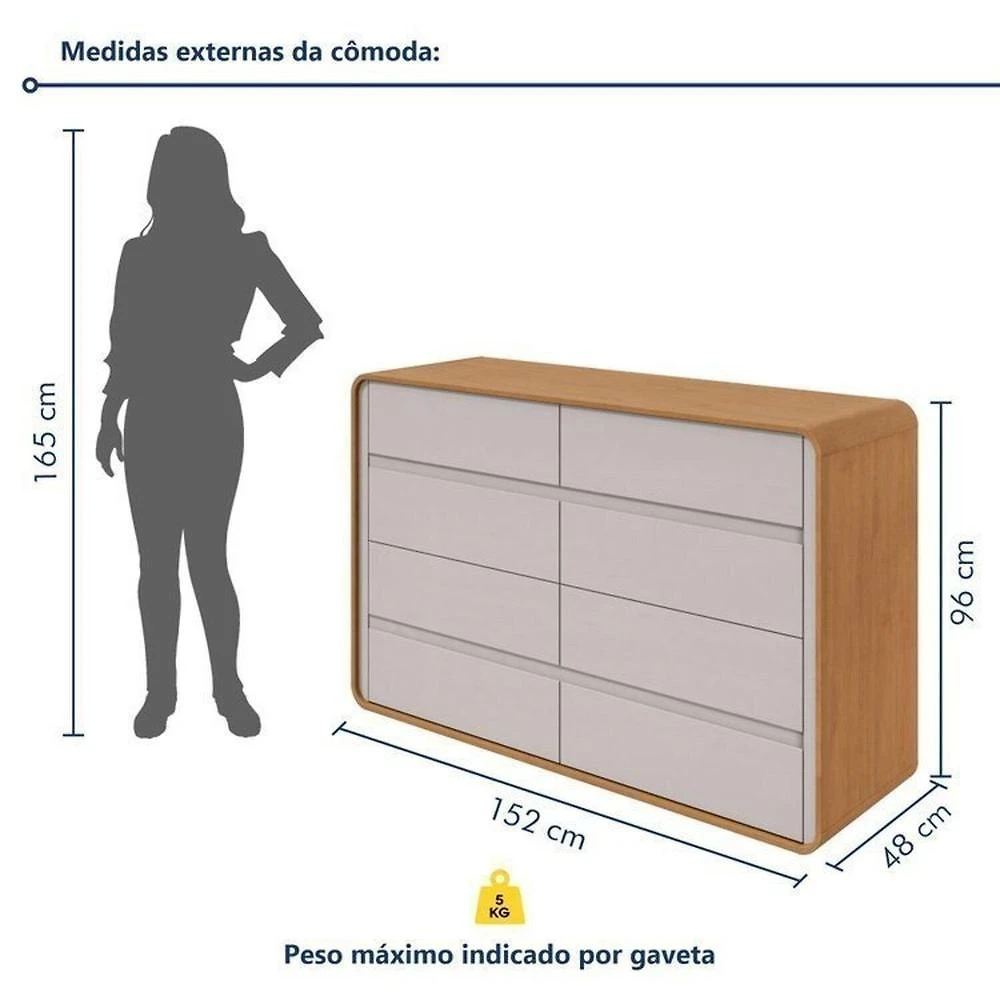 Quarto Completo Cama Solteiro com Cômoda 8 Gavetas e Mesa de Cabeceira Amêndoa Clean/Off White