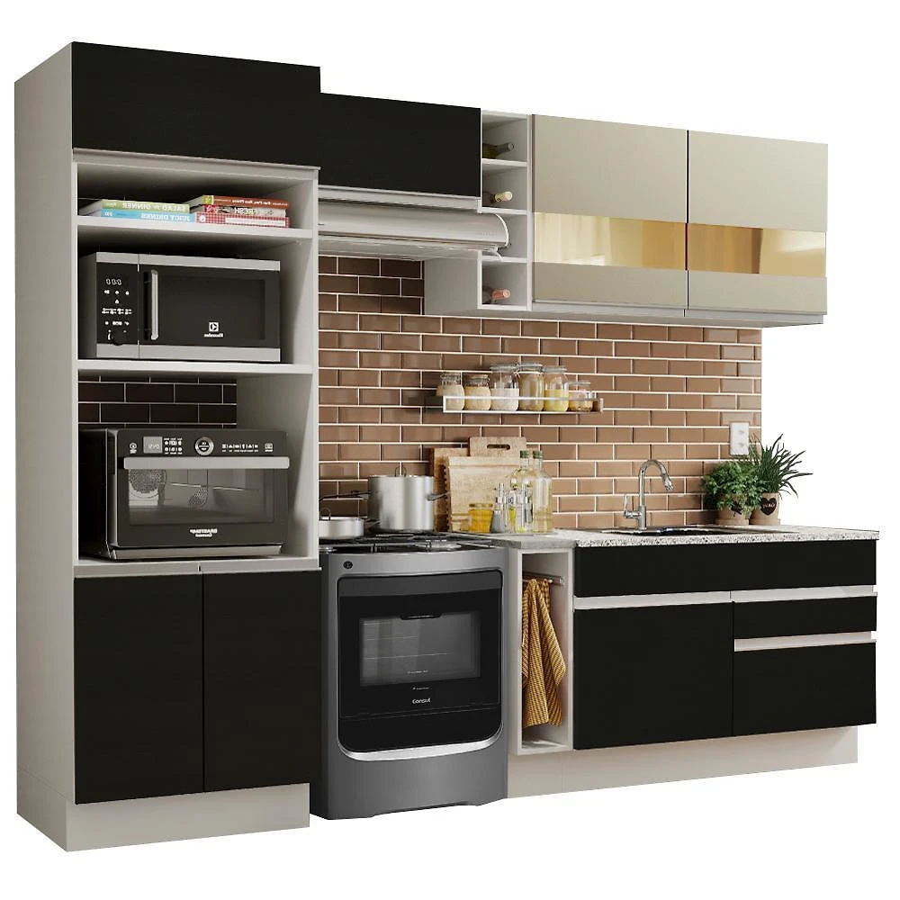 Cozinha completa madesa jade com armário e balcão (sem tampo e pia) - branco/preto/crema
