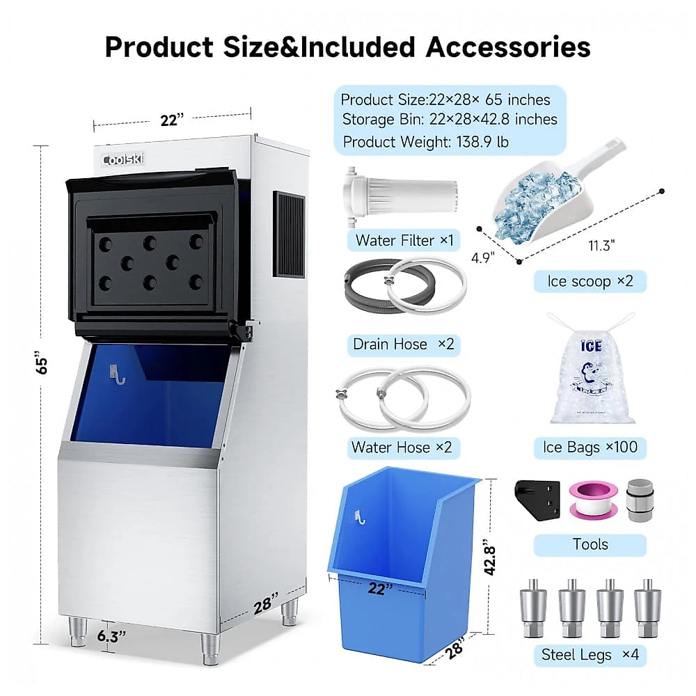 Máquina de Gelo Profissional Produz 158 em 24H com Cubos Transparentes, 110V 650W, Coolski IM350, Prata