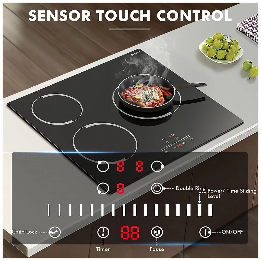 Cooktop elétrico vitrocerâmico 61cm 3 zonas Jessier 5200W touch timer trava segurança vidro preto 220V