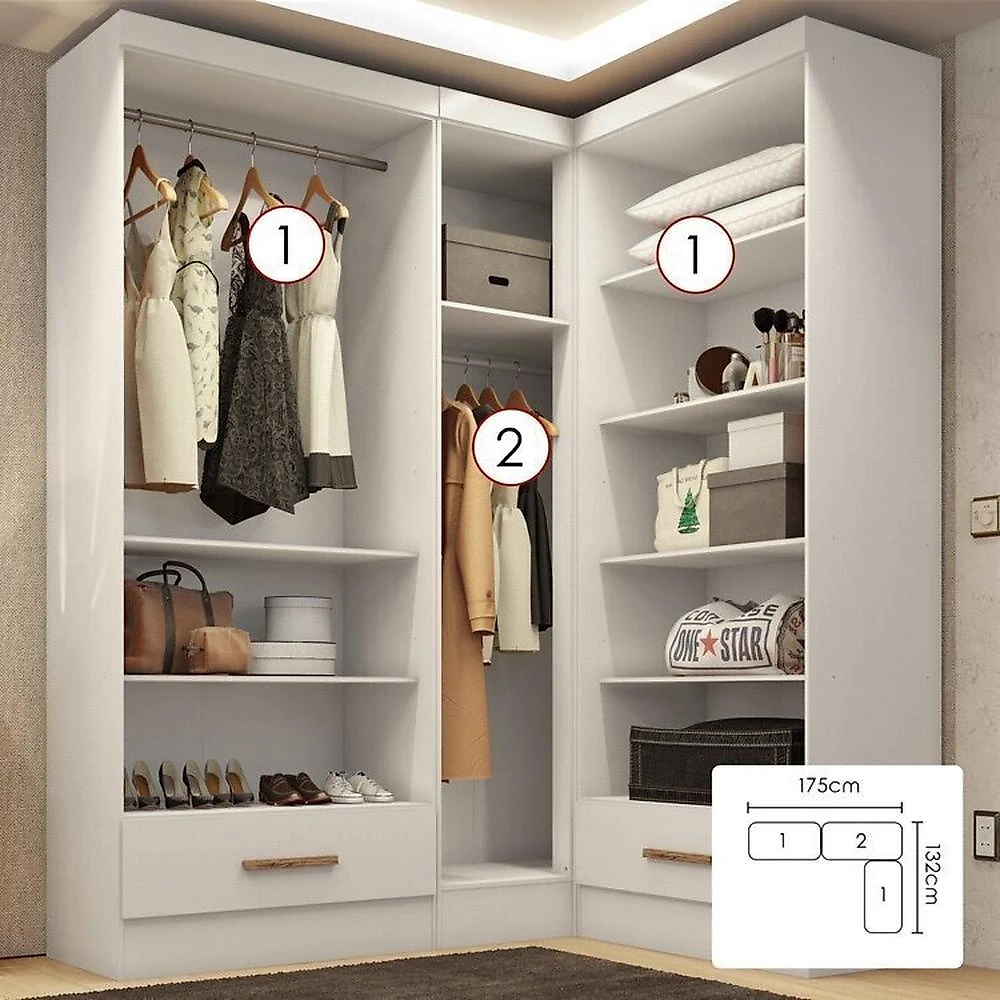 Closet Modulado de Canto 3 Peças 2 Gavetas Smart Plus Branco