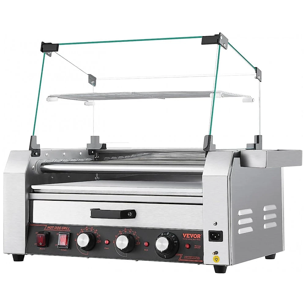 Máquina de Cachorro-Quente VEVOR, 18 Hot Dogs em 7 Rolos, Grill de Salsichas em Aço Inoxidável, 1200W com Aquecedor de Pães, Tampa,