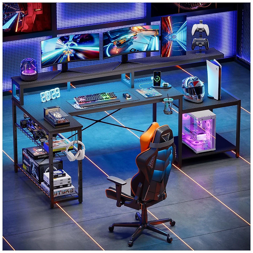 Mesa Gamer em Formato de L, 71.5" 181 cm com Prateleiras de Armazenamento, Porta-Copos, Gancho para Fone de Ouvido e Tomadas, 110V, Bestier, Preto 110v