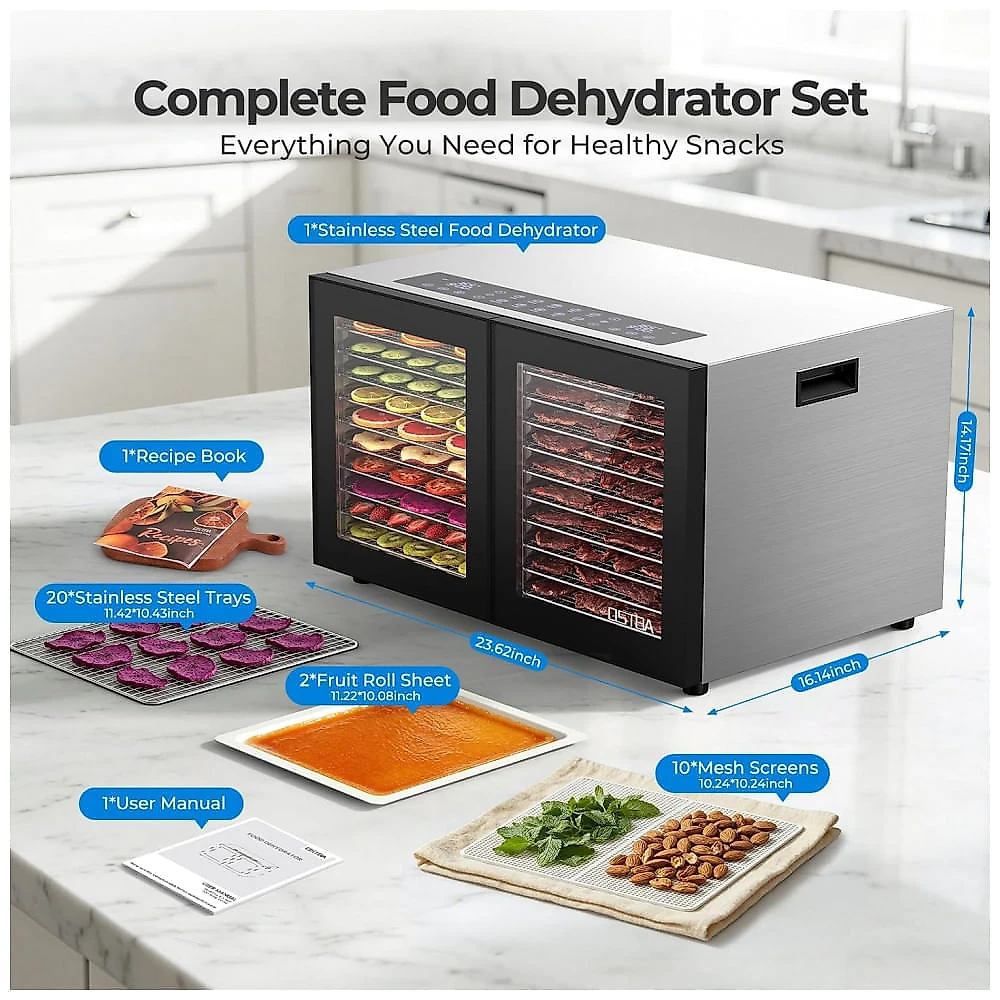 Desidratador de Alimentos OSTBA FD-1027 1300 W 20 Bandejas de Aço Inox Dupla Zona Timer 48 h Uso Doméstico