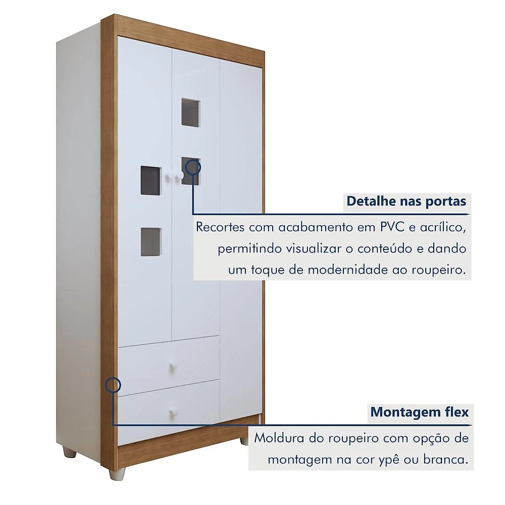 Quarto de Bebê Completo com Cômoda, Berço com Colchão e Guarda Roupas Mila Branco/Amadeirado