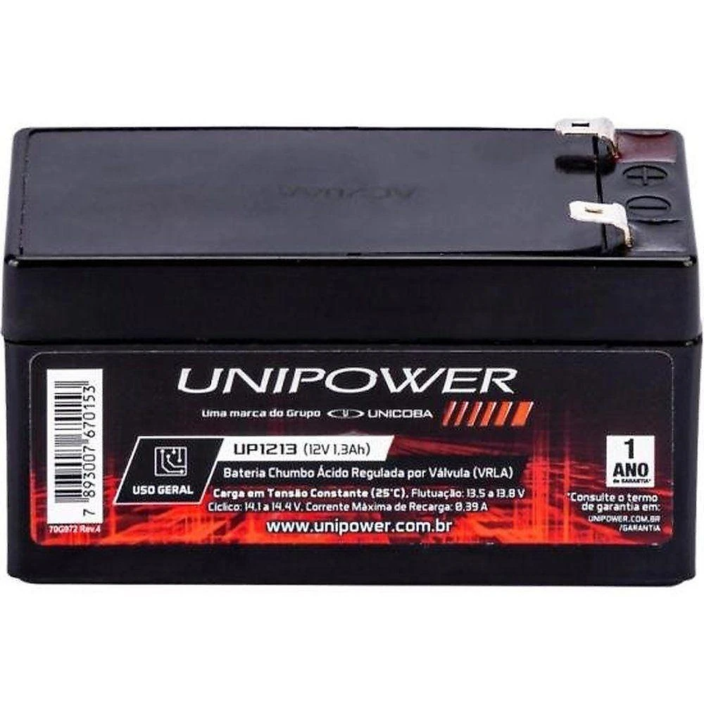 Bateria Selada Unipower UP1213 para Alarme e Iluminação de Emergência 12V 1,3AH