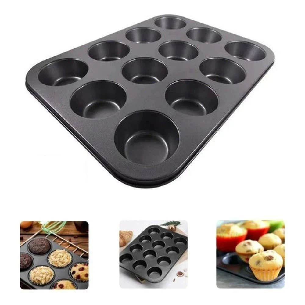 Forma para Cupcake de Alumínio 12 Cavidades Antiaderente Preta