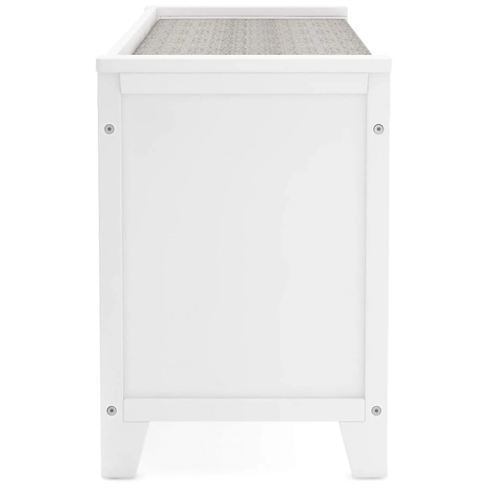 Banco organizador infantil Martha Stewart Living & Learning Linen White em madeira com assento almofadado, nichos e 4 cestos de tecido