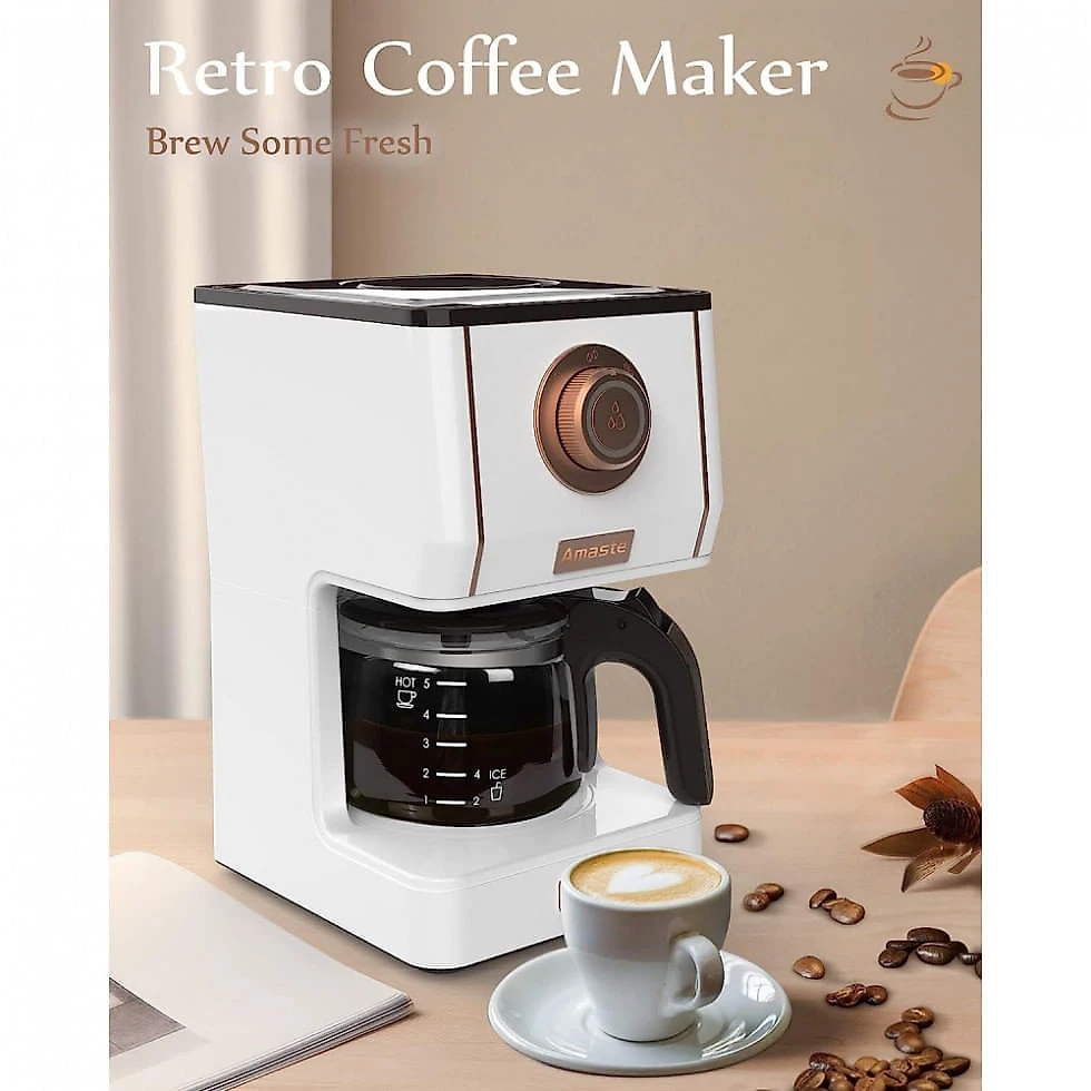 Máquina de Café Expresso Retrô 370mL com 3 Modos de Preparo, 110V, Amaste, Branca e Ouro Rosa