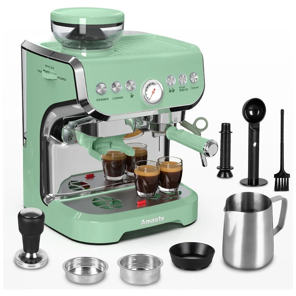 Mquina de Caf Expresso Profissional 15 Bar com Vaporizador de Leite, Moedor Embutido e Tanque de gua Removvel de 2L, 110V 1450W, Amaste AC517E, Verde