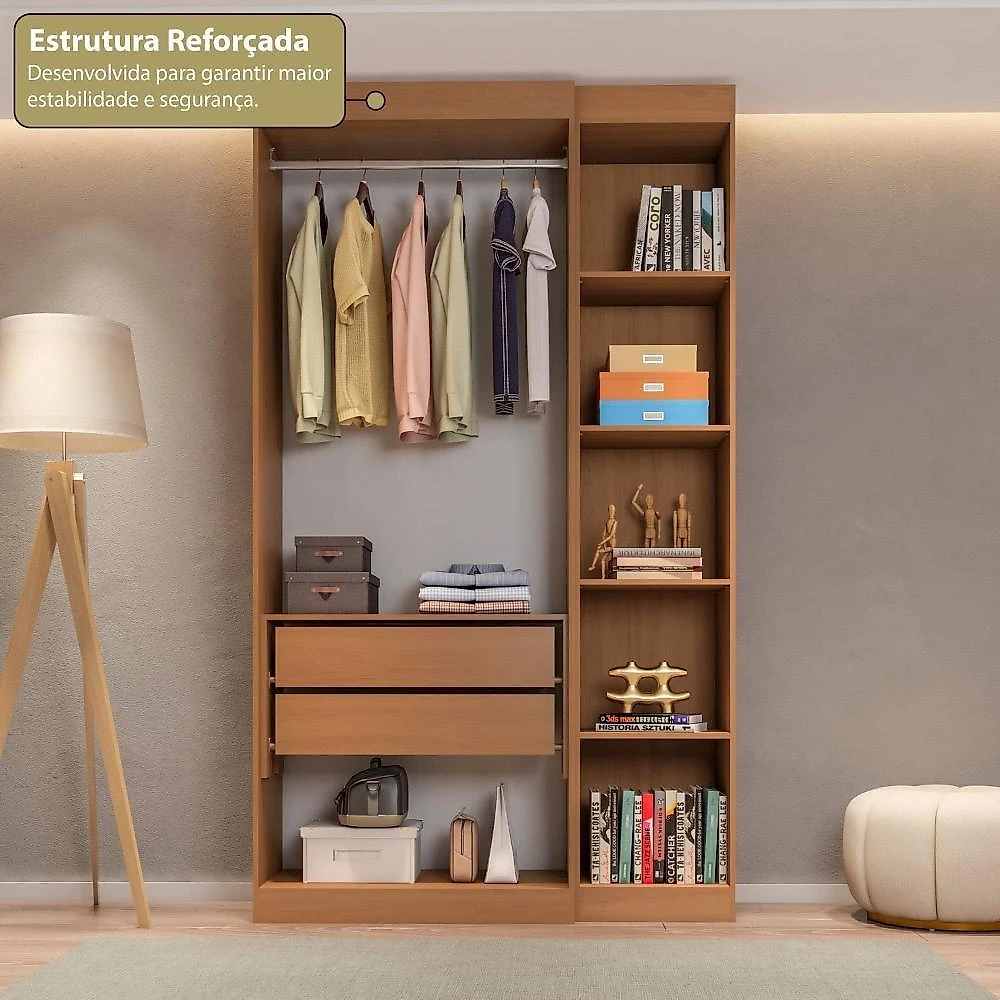 Guarda-Roupa Modulado sem Portas 2 Gavetas 4 Prateleiras Estante Versatille Yescasa Freijó Com Branco