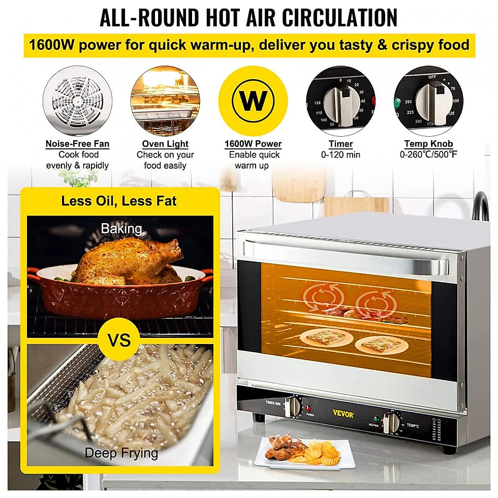 Forno Elétrico Profissional de Bancada 47L com 4 Andares, Aço Inoxidável, 110V 1600W, VEVOR, Prata