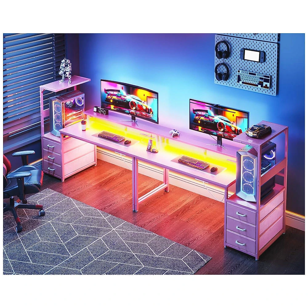 Mesa Gamer Reversível AODK 150 cm Fibra de Carbono Rosa com Luzes LED, Tomadas USB, 3 Gavetas de Tecido e Suporte para Monitor