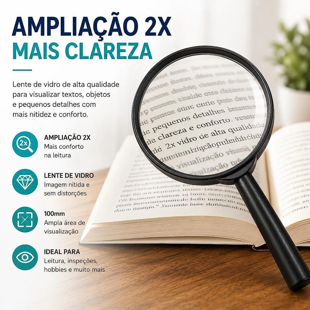 Lupa Manual 2x Aumento 100mm com Lente de Vidro e Cabo Ergonômico para Leitura e Inspeção