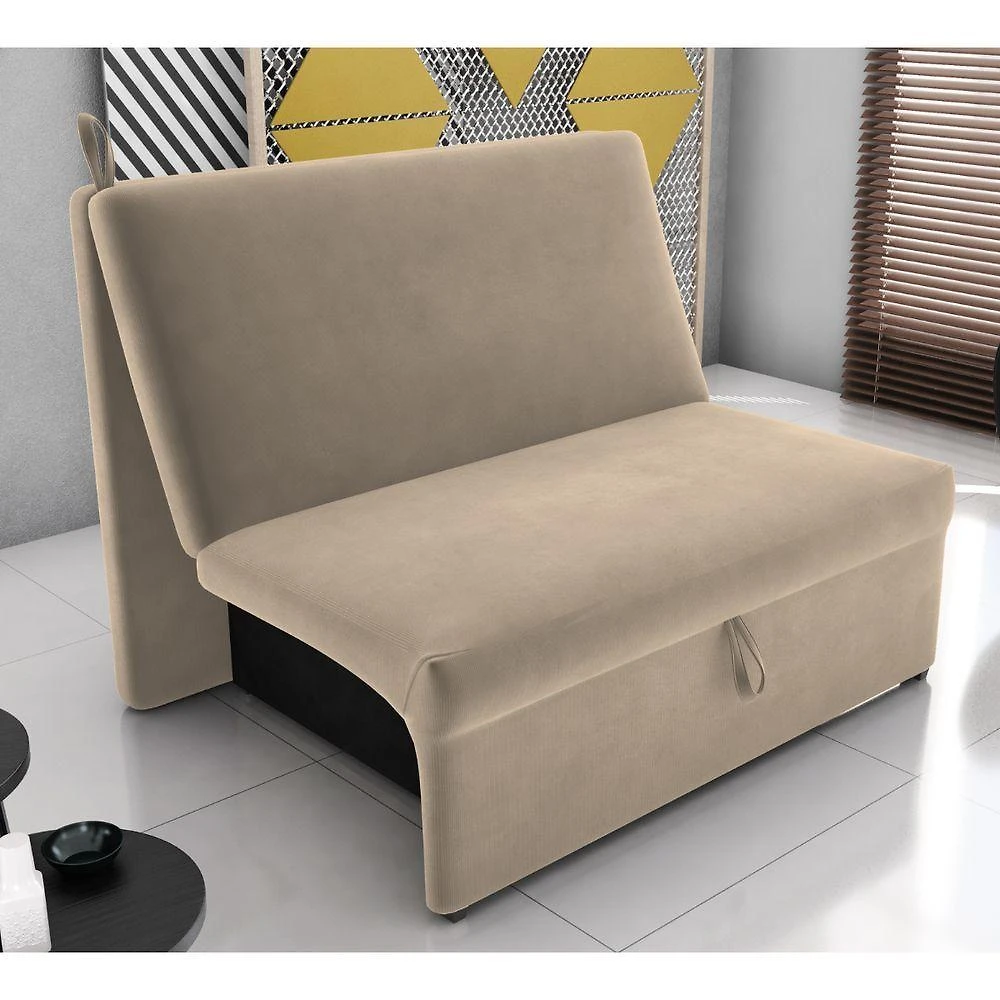 Sofá Cama Évora 2 Lugares 113CM Bege Suede Matrix Assento D20 Madeira Eucalipto 110kg