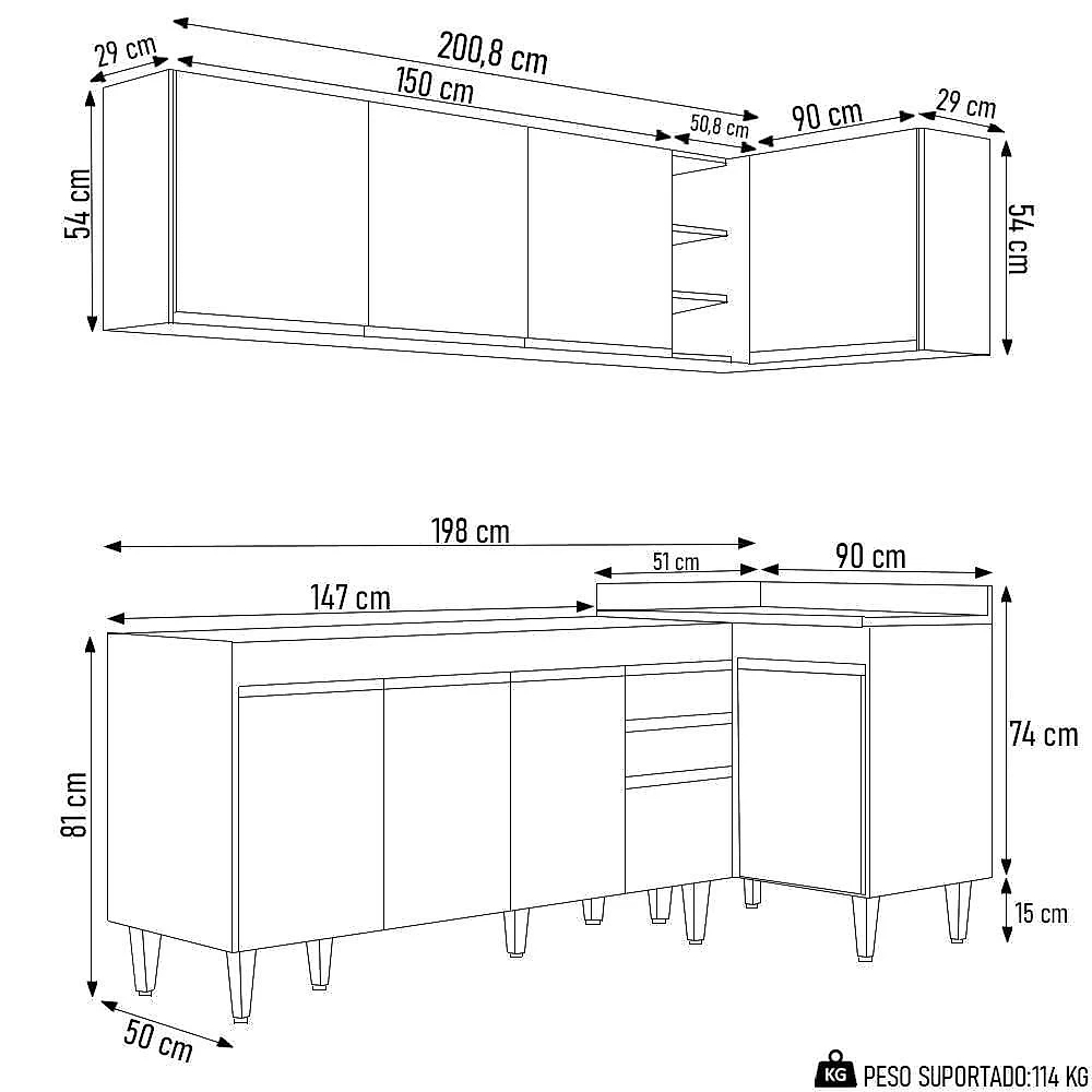 Armário De Cozinha Modulado De Canto Esquerdo 4 Peças Cp49 Balcão Sem Tampo Branco - Lumil