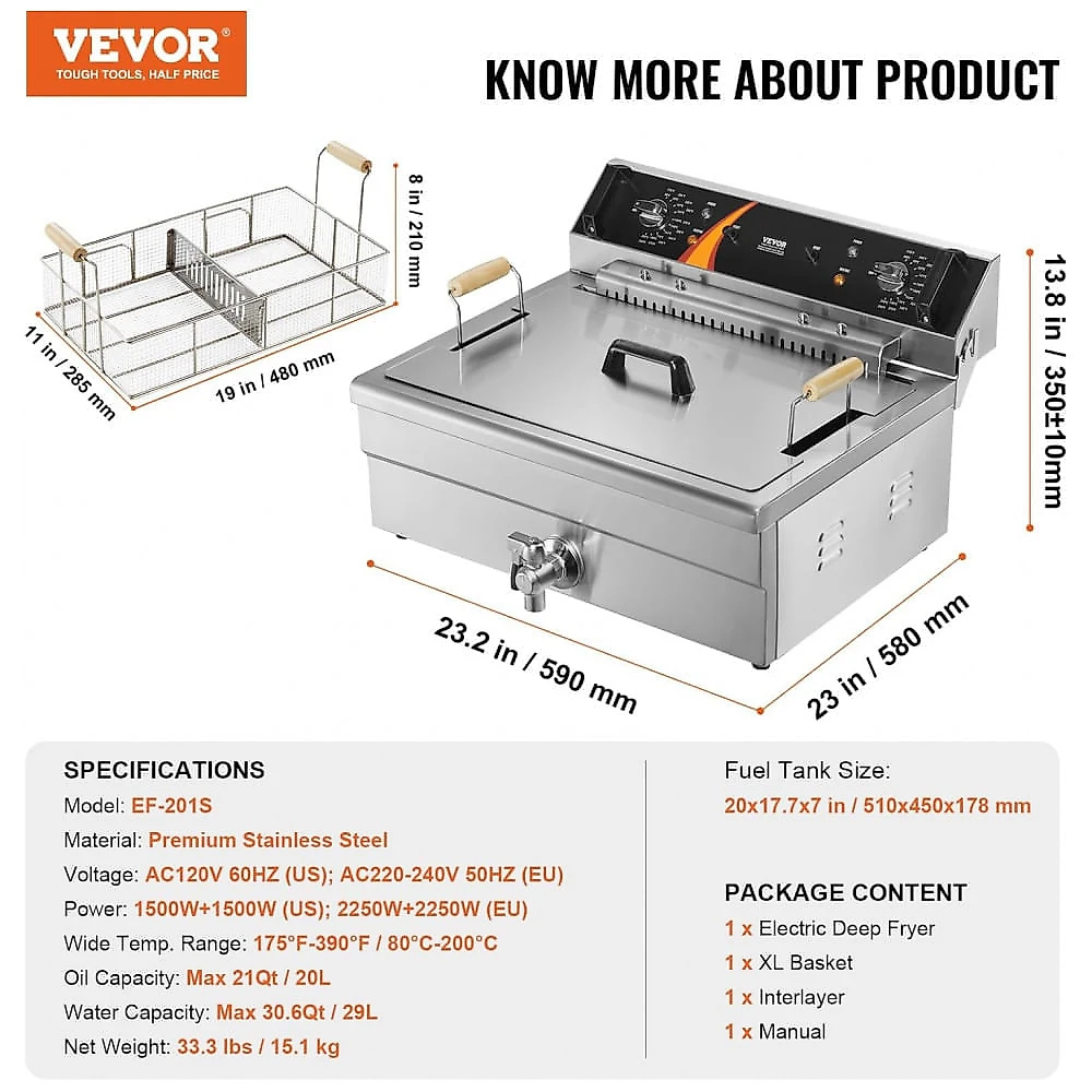 Fritadeira Elétrica Comercial VEVOR 29L Duplo Elemento Inox Controle de Temperatura 110V