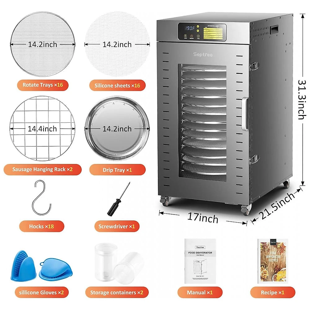Desidratador de Alimentos Rotativo Septree DBC-16H 16 Bandejas 1500W 120V Cinza Metálico