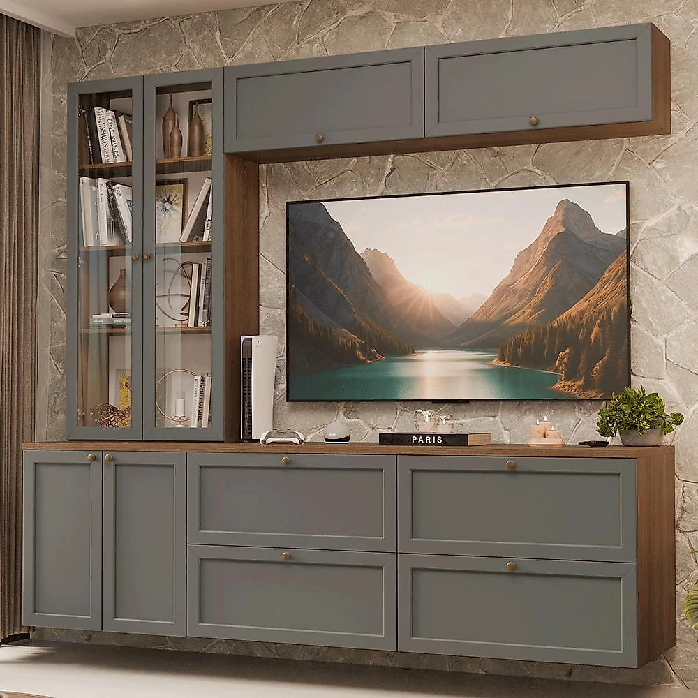 Estante sala de estar com rack + cristaleira 230cm rustic/cinza vik madesa 01
