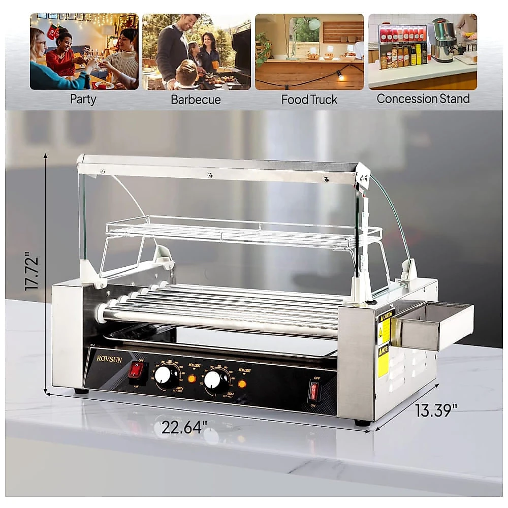 Máquina de Salsicha Hot Dog Rovsun Grill para 18 Hot Dogs, 7 rolos, 1050W, controle de temperatura duplo, iluminação LED, tampa, prateleira removível