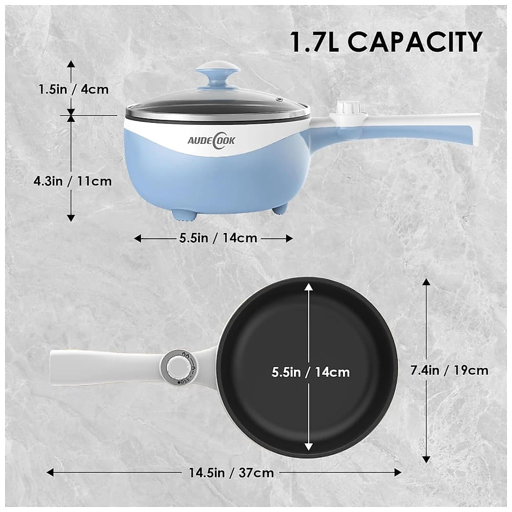Panela Elétrica de 1,7L Audecook Hot Pot: Mini Portátil com Revestimento Antiaderente, Ajuste de Potência e Cozimento Rápido para Massas, Carnes,
