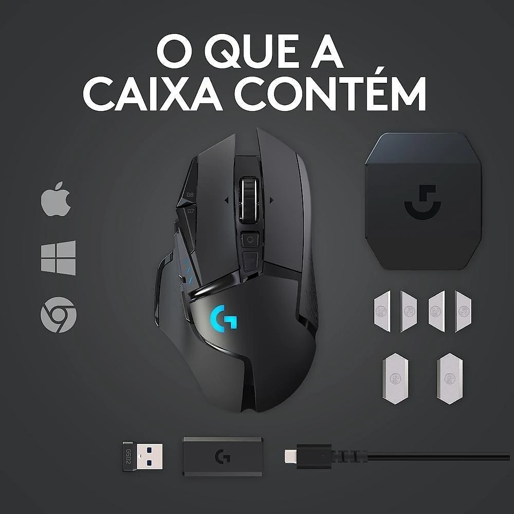 Mouse Gamer Sem Fio Logitech G502 LIGHTSPEED RGB LIGHTSYNC, Ajuste Peso, 11 Botões, Recarregável, Compatível POWERPLAY - 910-005566