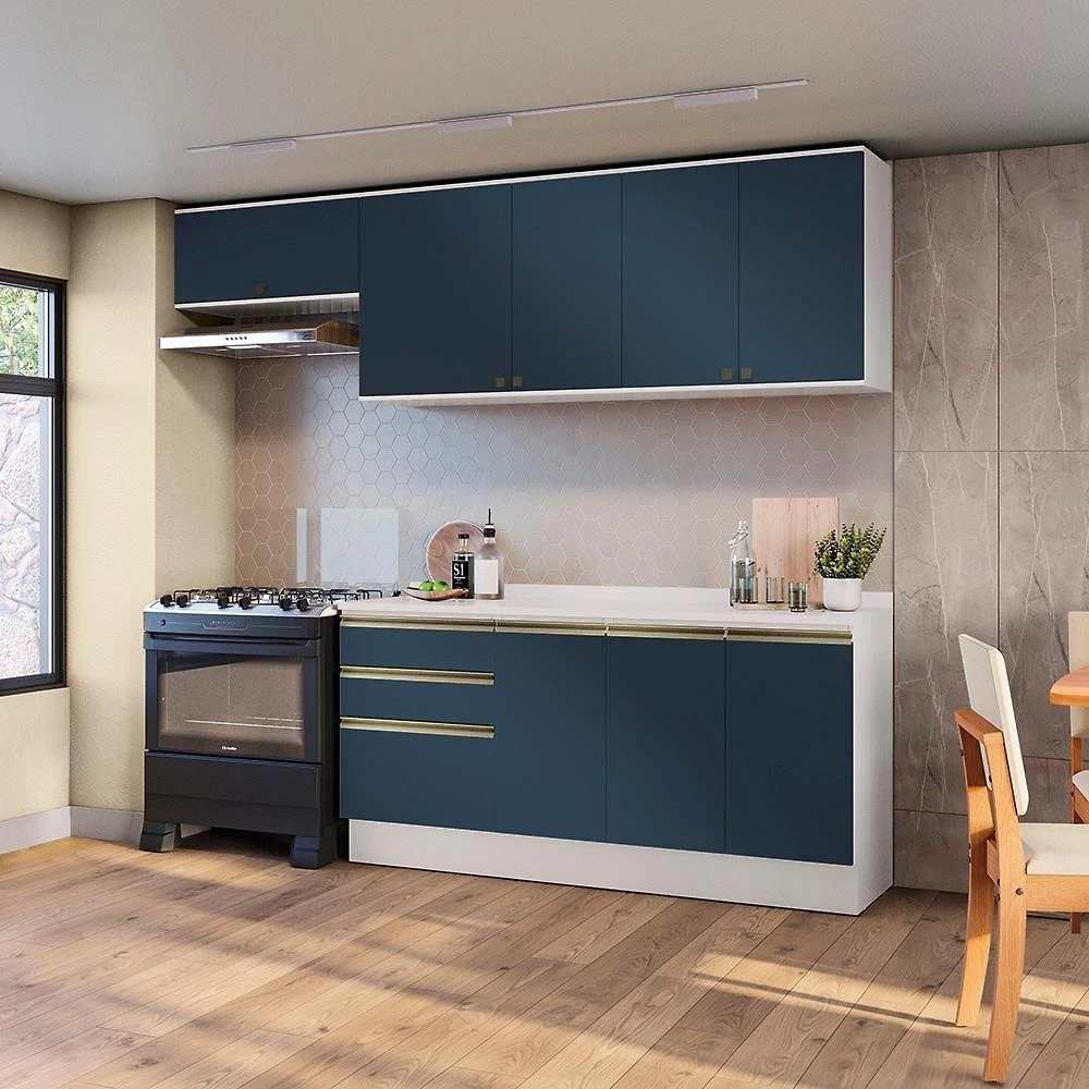 Armário De Cozinha Completa 100% Mdf 260cm Branco/azul Profundo Celeste Kappesberg